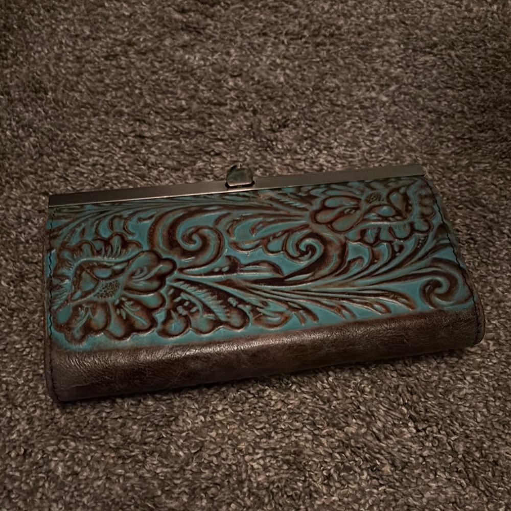 Embossed Leather Clutch in Brown and Teal